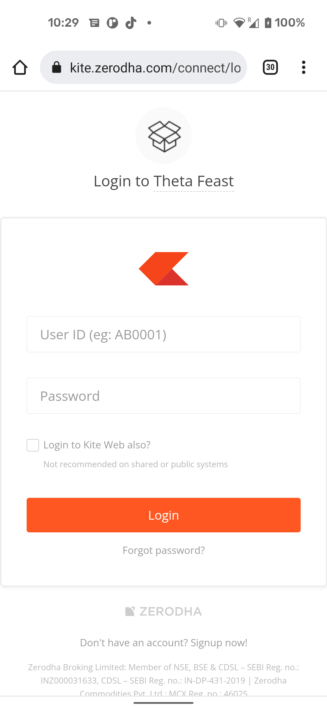 Zerodha Login Page Screenshot by Ishan Khanna